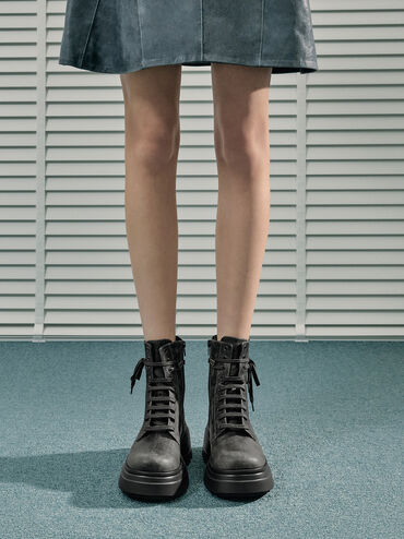 Lace-Up Chunky Ankle Boots, Dark Grey, hi-res