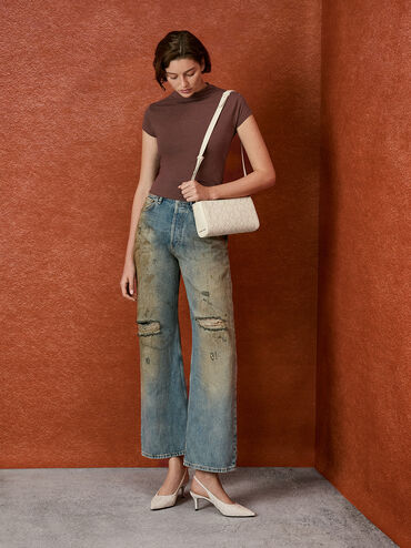 Torba na ramię Ivette Woven Elongated, Kremowy, hi-res