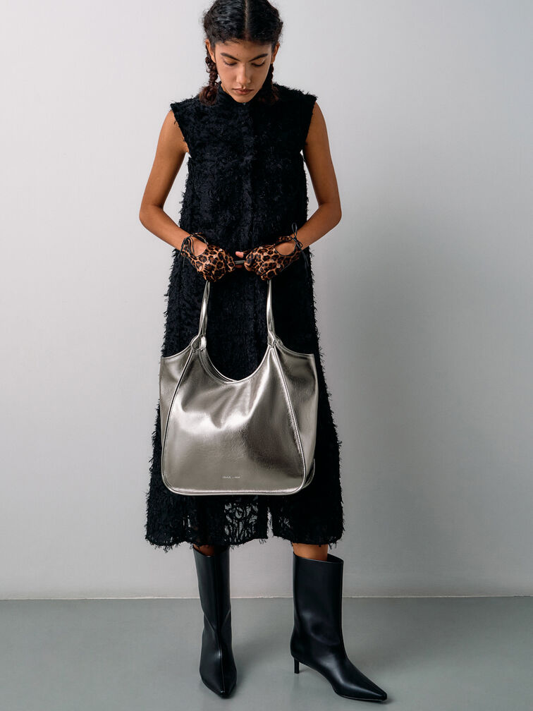 Sianna Metallic Crinkle-Effect Slouchy Tote Bag, Pewter, hi-res