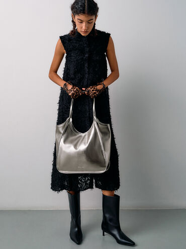 Sianna Metallic Crinkle-Effect Slouchy Tote Bag, Pewter, hi-res