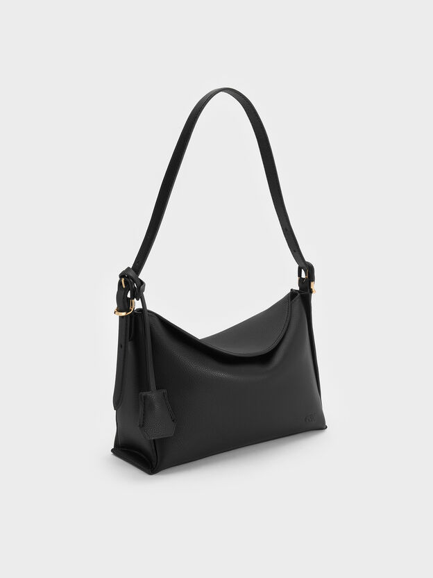 Leather Top-Flap Hobo Bag, Black, hi-res