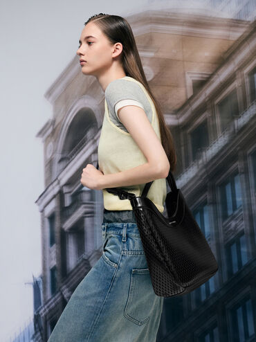 Juno Perforated Hobo Bag, Noir, hi-res