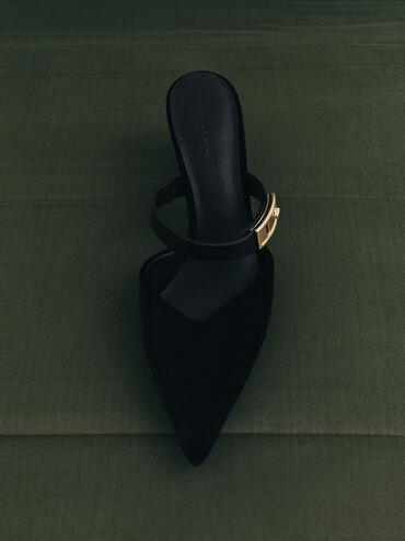 Lando Velvet Pointed-Toe Metallic-Buckle Heeled Mules, Black Textured, hi-res