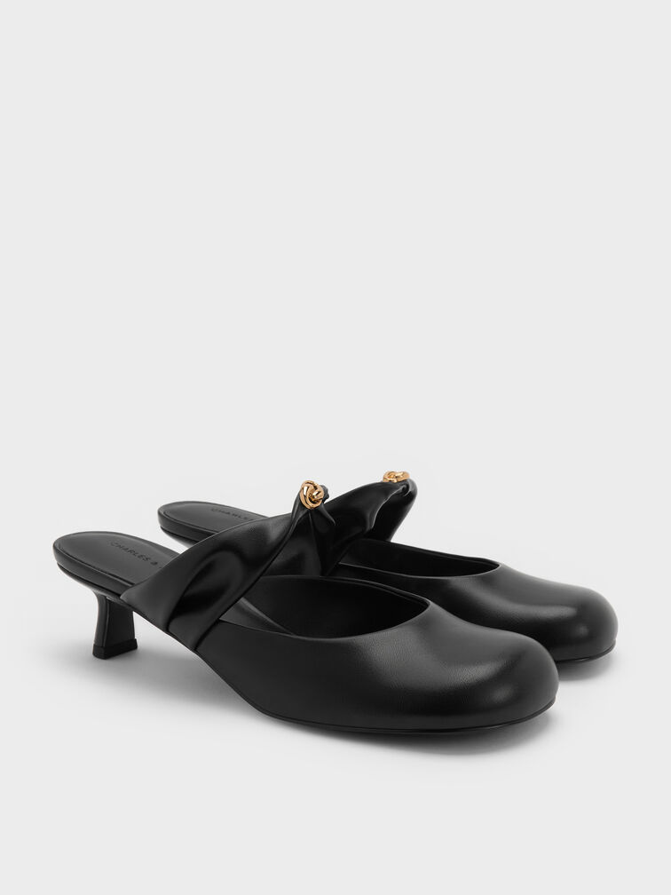 Mules &agrave; petits talons avec brides torsad&eacute;es et d&eacute;tails m&eacute;talliques, Noir, hi-res