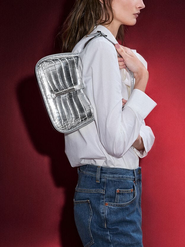 Cesia Croc-Effect Metallic-Accent Shoulder Bag, Silver, hi-res