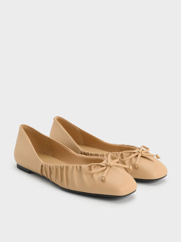 Ruched Bow Ballet Flats, Sand, hi-res