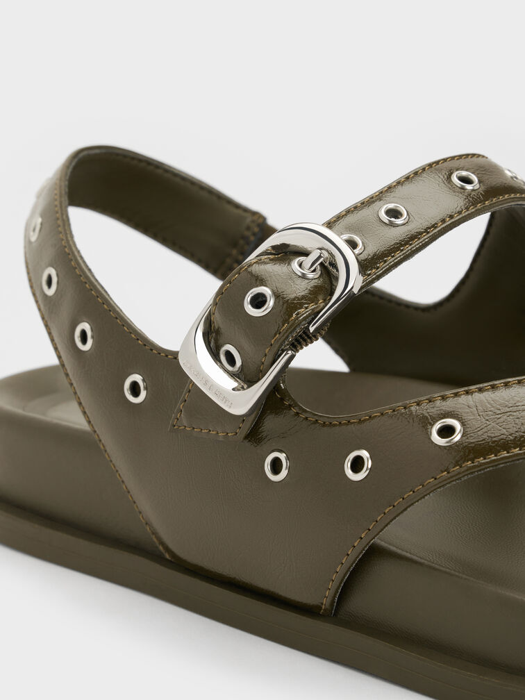 Sandales slingback &agrave; &oelig;illets et entredoigt, Vert olive, hi-res