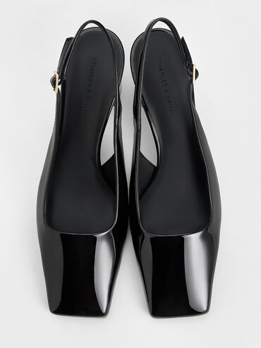 Patent Square-Toe Slingback Pumps, Schwarzer Lack, hi-res