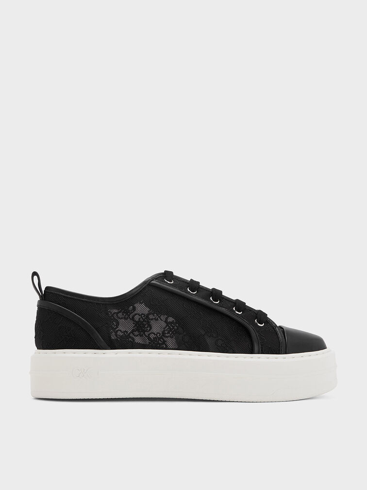 Mesh Flatform Sneakers, Black Textured, hi-res