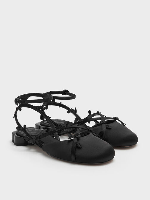 Floral-Vine Ankle-Strap Flats, Black Textured, hi-res