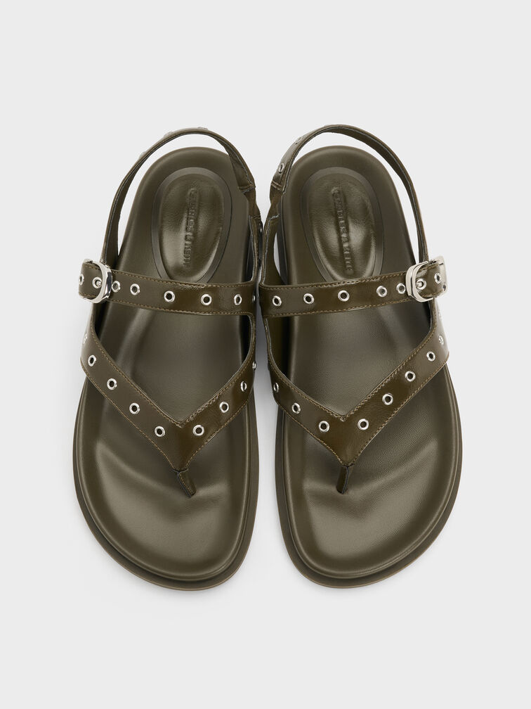 Sandales slingback &agrave; &oelig;illets et entredoigt, Vert olive, hi-res