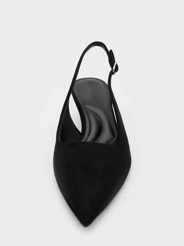 Faux Suede Pointed-Toe Kitten-Heel Slingback Pumps, Black Textured, hi-res