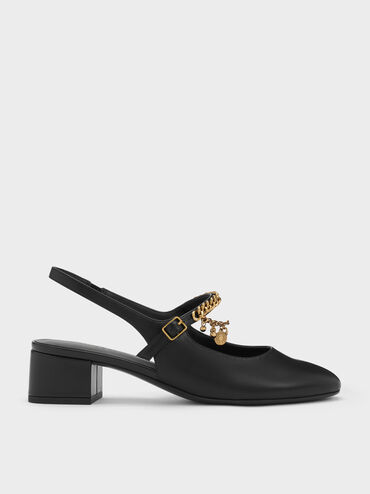 Zapatos de Tac&oacute;n Destalonados Mary Jane con Doble Cadena, Negro, hi-res