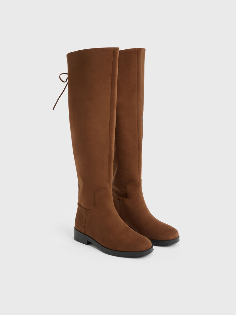 Faux Suede Fold-Over Thigh-High Boots, Brown, hi-res