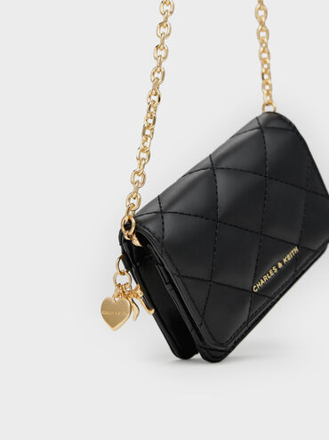 Arrietty Quilted Bow-Heart Charm Small Wallet, Black, hi-res