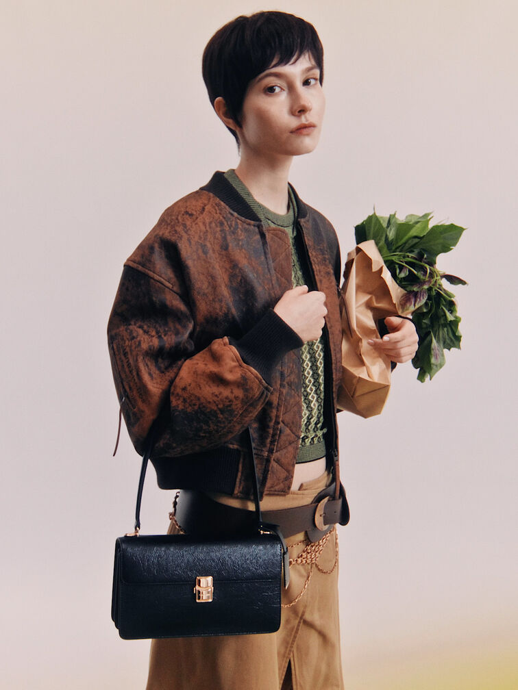Borsa a spalla con catena e corda Acelynn, Nero, hi-res