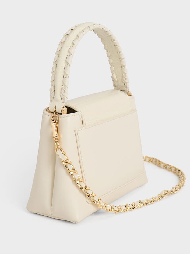 Sac &agrave; main &agrave; effet croco et lani&egrave;re tress&eacute;e Arwen, Cr&egrave;me, hi-res
