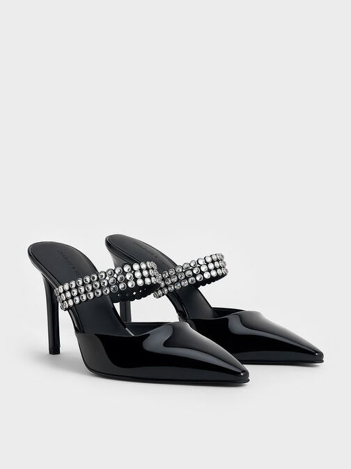 Patent Crystal-Embellished Heeled Mules, Black Patent, hi-res