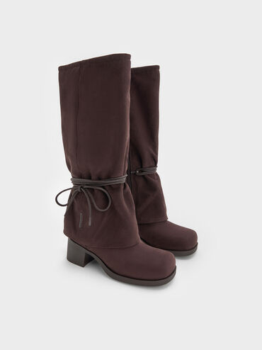 Faux Suede Tie-Around Knee-High Boots, Dark Brown Textured, hi-res
