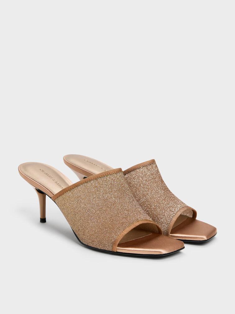 Mules &agrave; talons en mesh paillet&eacute;, Marron, hi-res