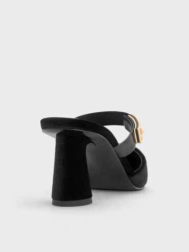 Lando Velvet Pointed-Toe Metallic-Buckle Heeled Mules, Black Textured, hi-res