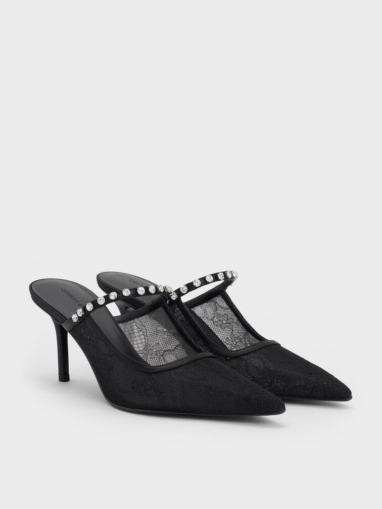 Mules à talon en dentelle et satin ornées de cristaux, Noir Texturé, hi-res