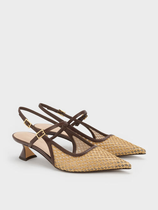 Slingback-pumps i rafia med skulpturel h&aelig;l, M&oslash;rkebrun tekstureret, hi-res