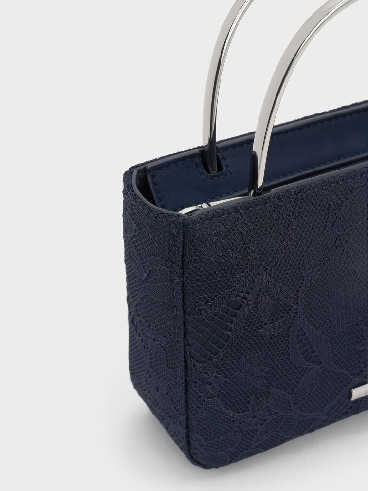 Jennis Lace & Satin Top Handle Bag, Dark Blue Textured, hi-res
