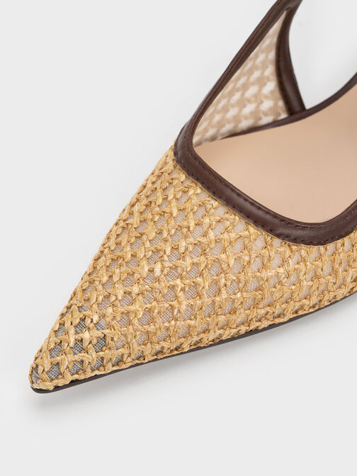 Slingback-pumps i rafia med skulpturel h&aelig;l, M&oslash;rkebrun tekstureret, hi-res