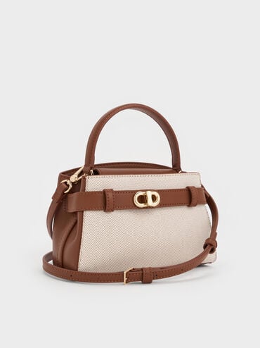 Sac &agrave; main en toile bicolore Aubrielle, Toile taupe, hi-res
