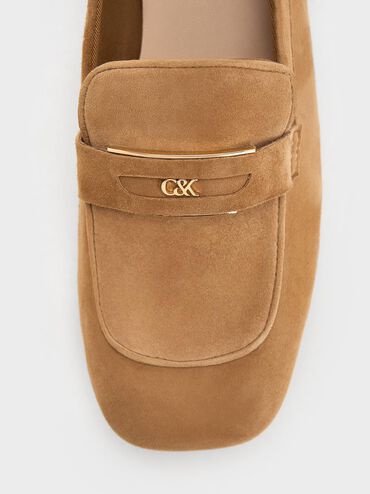 Suede Penny Square-Toe Loafers, Caramel, hi-res