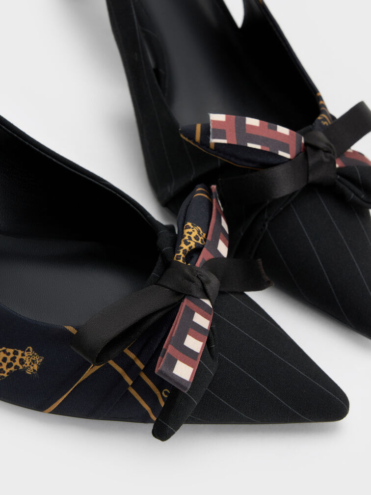 Satin-Slingback-Pumps mit bedruckter Schleife, Schwarz mit Textur, hi-res