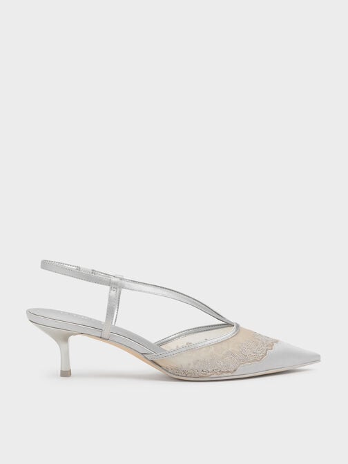 Slingback-Pumps aus Satin und Mesh mit Stickerei, Silber, hi-res