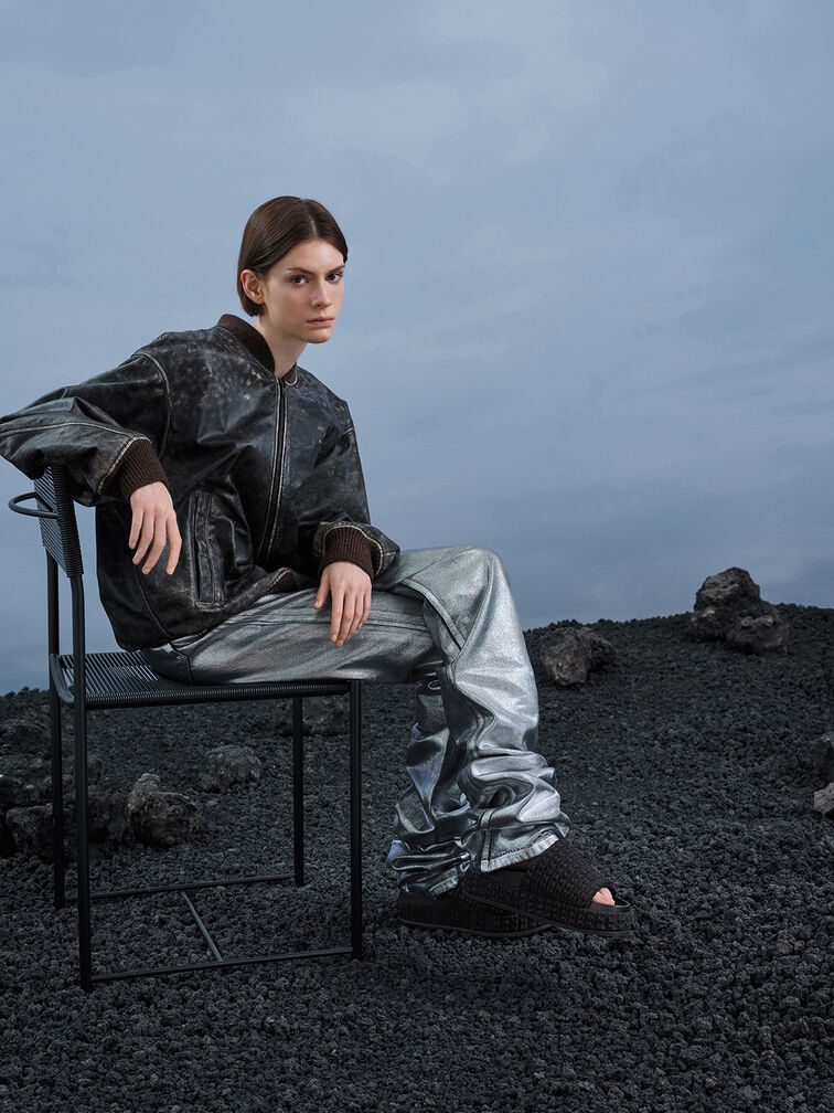 Loren Texturierte Plateausandalen, Schwarz mit Textur, hi-res