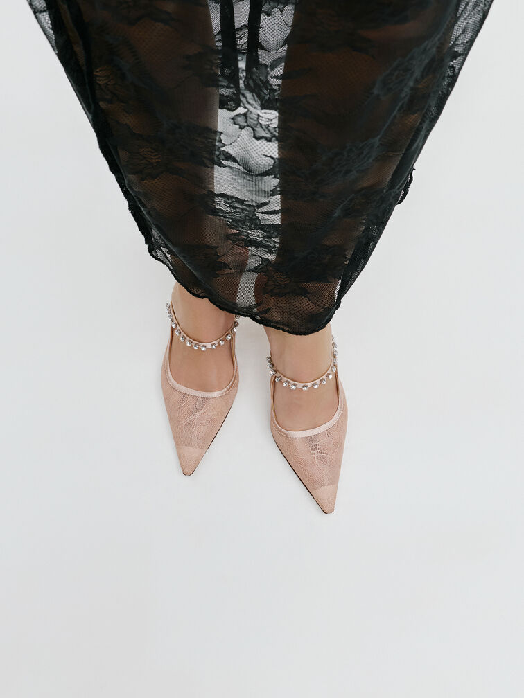Lace & Satin Crystal Heeled Mules, Nude, hi-res