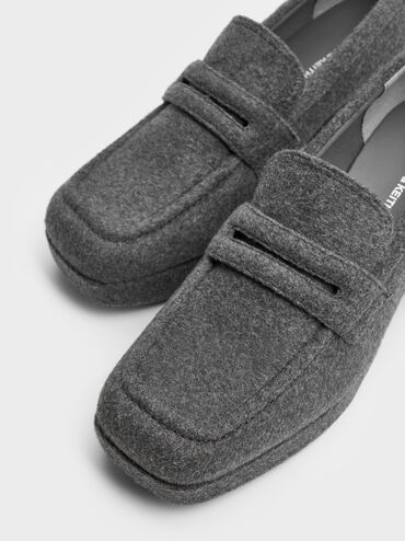 Décolleté stile mocassino in feltro con tacco a blocco e suola platform, Grigio, hi-res
