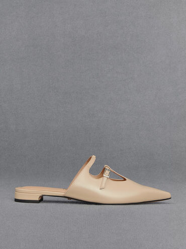 Mules à double bride salomé en cuir, Beige, hi-res