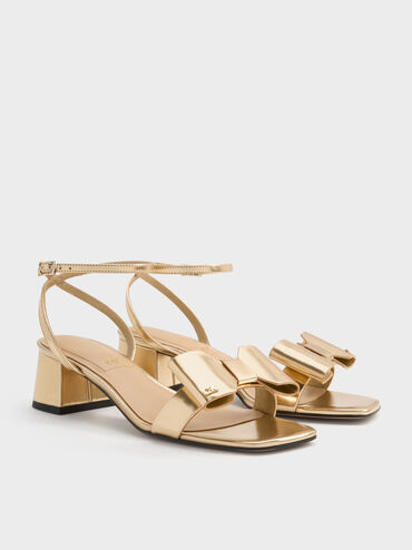 Lu Metallic Leather Bow Heeled Sandals, Gold, hi-res