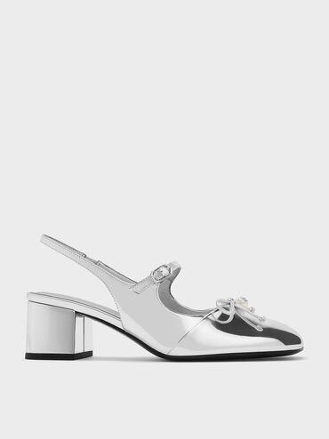 Mary Jane Slingback-Pumps in Metallic-Optik mit Schleifen- und Perlenbesatz, Silber, hi-res
