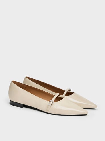 Crinkle-Effect Pointed Ballet Flats, Beige, hi-res