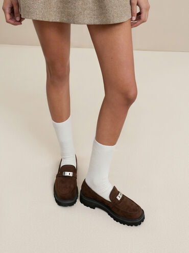 Lando Faux Suede Metallic-Accent Platform Loafers, Dark Brown Textured, hi-res