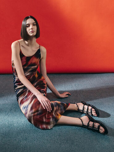 Sandalias con lazo y adornos en forma de T, Negro, hi-res