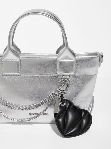 Breloque miroir en forme de cœur matelassé, Noir, hi-res