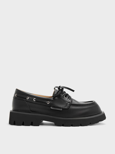 Ridged-Sole Boat Shoes, Black, hi-res