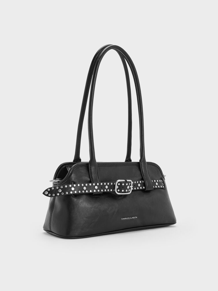 Victoria Schultertasche in länglicher Form mit nietenbesetztem Gürteldetail, Noir, hi-res
