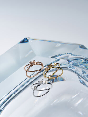 Felicity Flower-Motif Crystal Crossover Ring, Gold, hi-res