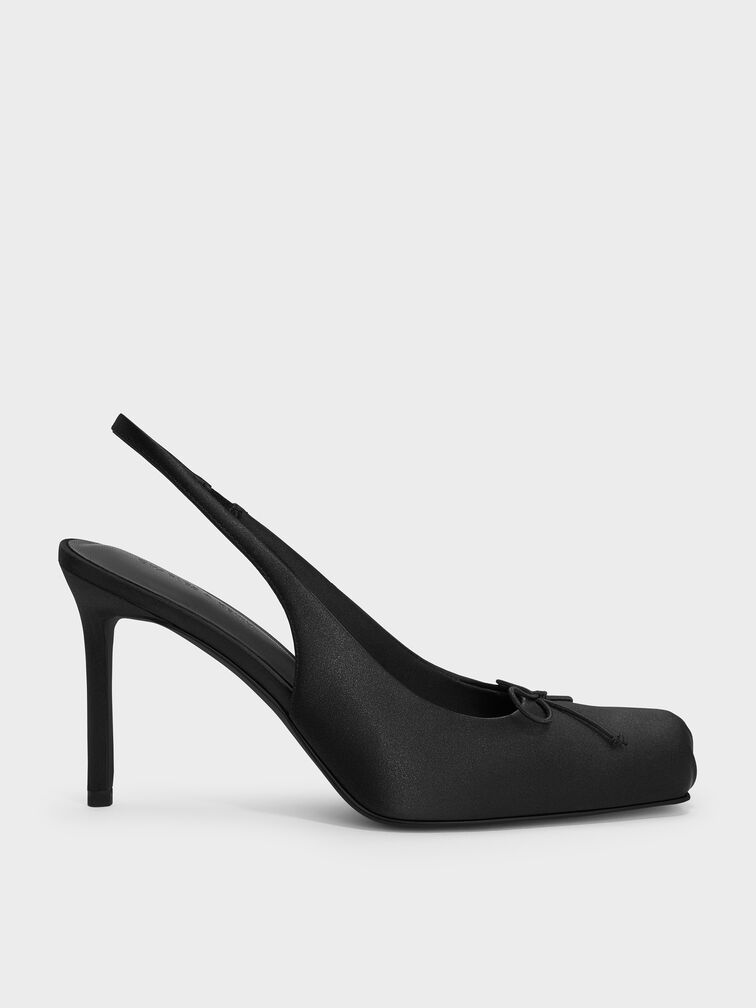 Satin-Slingpumps mit Raffung und Stilettoabsatz, Schwarz mit Textur, hi-res