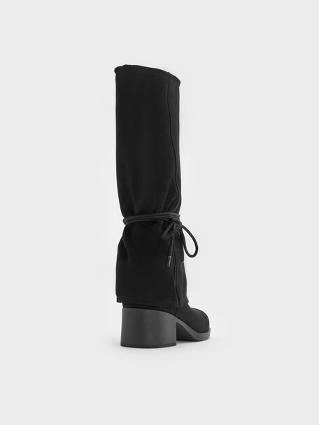 Botas altas por la rodilla en antelina con tiras de atar, Negro texturizado, hi-res