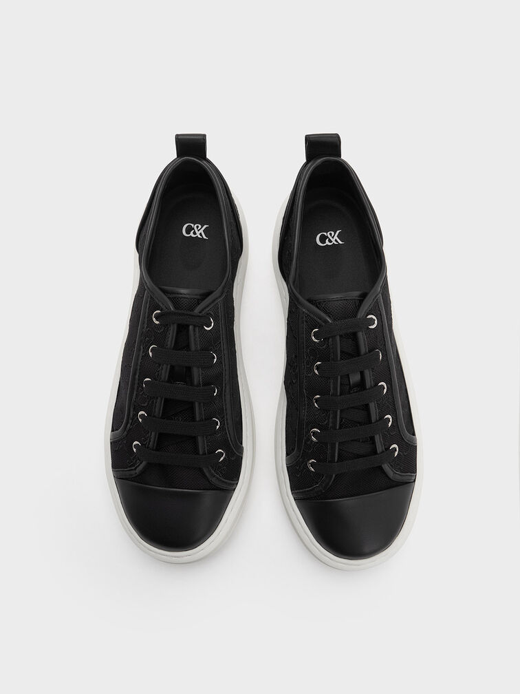 Mesh Flatform Sneakers, Black Textured, hi-res