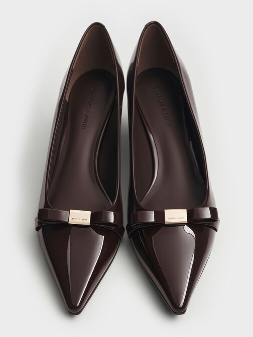 Dorian Patent Bow Pointed-Toe Block-Heel Pumps, Dark Brown, hi-res